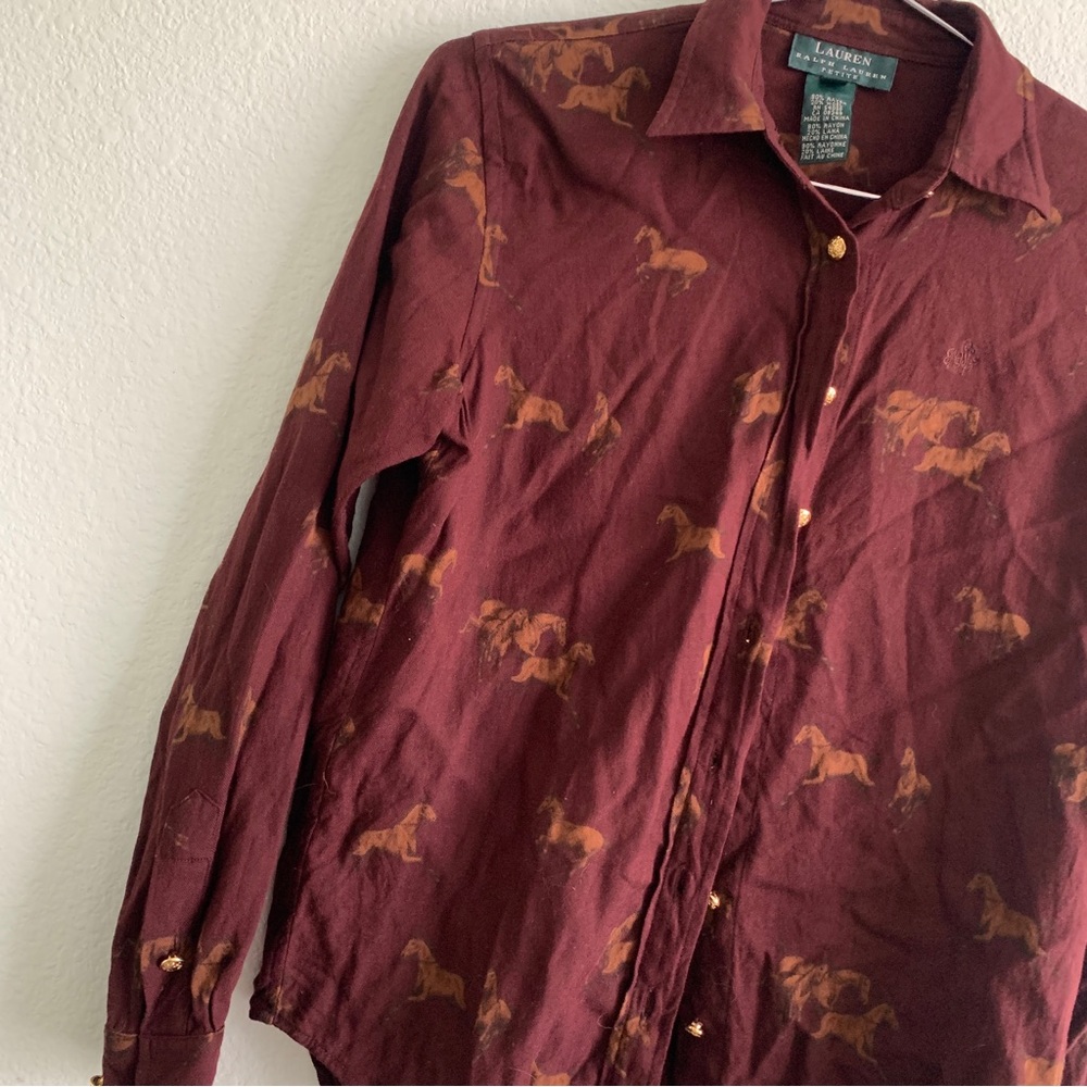 LAUREN RALPH LAUREN horse riding equestrian print burgundy buttons shirt top S - Picture 6 of 7